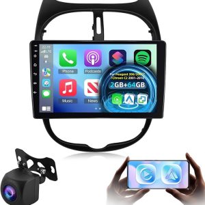 G+64G Android Radio de Coche para Peugeot 206/206CC/Citroen C2 2001-2016, Radio Bluetooth con Pantalla Táctil de 9 Pulgadas con Wireless Carplay & Android Auto/WiFi/GPS/EQ/FM Radio RDS